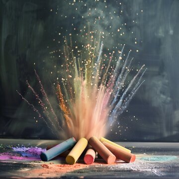 Pastel crayons. Dust from pastel crayons scattered in the form of fireworks, studio photo, there are several dry pastel crayons on the floor, minimalistic, conceptual photo
