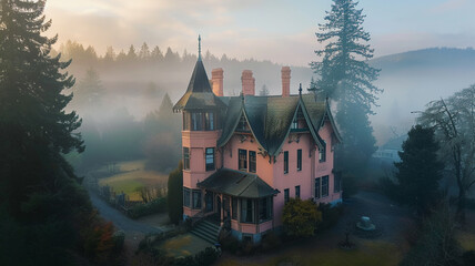 Wide aerial shot of a blush pink craftsman cottage with a towering turret roof, set in a clearing on a misty morning, evoking a fairytale-like atmosphere with soft, diffuse light. - obrazy, fototapety, plakaty