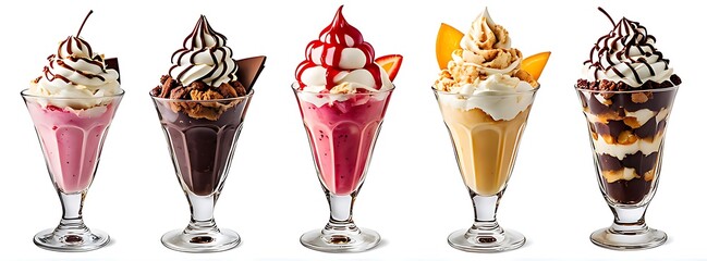 Collection of Sundae sundaes ice cream frozen dessert in tulip glass cup isolated on white background cutout. Many assorted different flavour Mockup template for artwork design