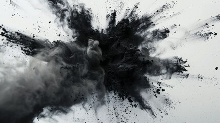 Abstract explosion of black powder, artistically frozen in time against a contrasting white background, perfect for dramatic visual effects