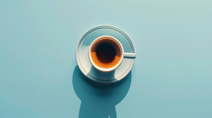 Aerial view of a solitary cup of coffee symmetrically positioned, creating a serene atmosphere on a soft blue background