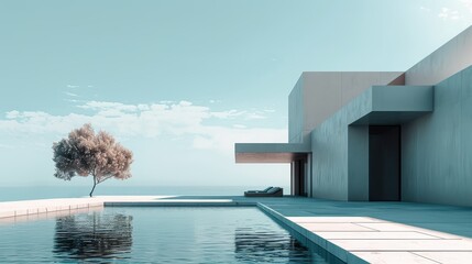 AI-crafted depiction of a luxury villa, emphasizing a minimalist and modern aesthetic with smooth surfaces and a monochromatic color scheme