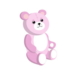 Cute pink toy bear. Teddy bear sits smiling. Soft cartoon toy Teddy Bear. Vector illustration, background isolated.