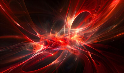 Abstract Lines Curves Particles In Red And Yellow On Dark Background. 
