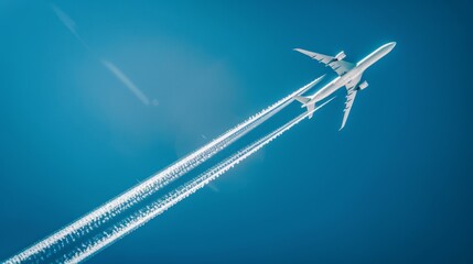 Skybound Journeys: Jet Plane Soaring with White Condensation Tracks
