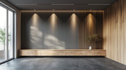 Modern Empty Room with Gray Slat Wall and Wooden Cabinet Generative AI