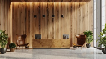 Corporate Lobby Waiting Area with Wooden Accents Generative AI