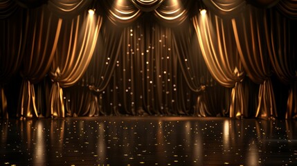 Theater Stage with Black Gold Velvet Curtains Backstage Generative AI