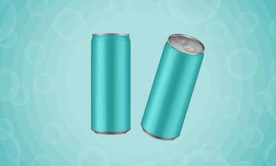 Set of mint green tin cans of energy drink, juice or soda. Cocktail or fitness drink. Cold beverages. Can top view. Abstract background with bubbles and rays	