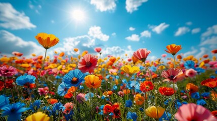 Vivid Vistas: Flourishing Flowers with Sunny Sky
