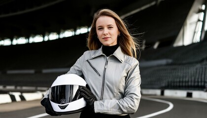 Isolated portrait of young female racing car driver, blogger or influencer, smiling and looking at...
