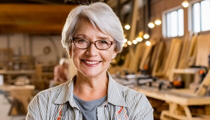 Obraz premium Portrait of elderly female carpenter smiling and looking at camera with soft bokeh workshop background. Empowering women in industry