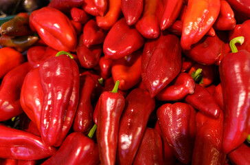 Fresh Red Bell Peppers on Display at Market Stall