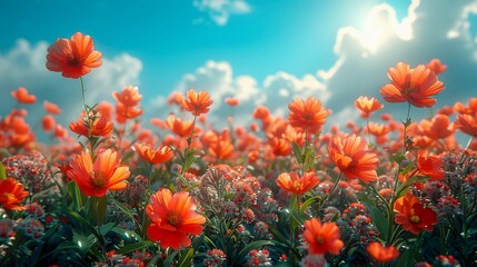 Vivid Vistas: Flourishing Flowers with Sunny Sky