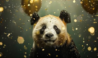 Adorable Panda Celebration: Close-Up Portrait with Golden Birthday Balloons - obrazy, fototapety, plakaty