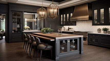 A kitchen room in the transitional style that expertly combines parts of the old and new.