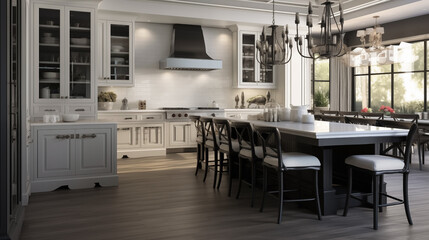 A kitchen room in the transitional style that expertly combines parts of the old and new.