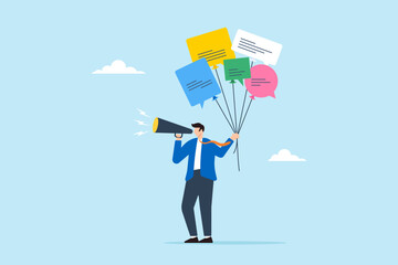 Businessman holds speech bubble balloons while speaking into megaphone, illustrating communication or Public Relations. Concept of PR manager in announcing and promotions company information to media