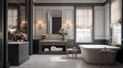 A bathroom in the transitional style that expertly combines parts of the old and new.
