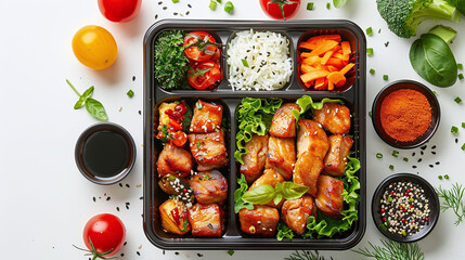 Assorted Japanese bento box with rice, vegetables, and meats. Healthy meal prep concept with copy space