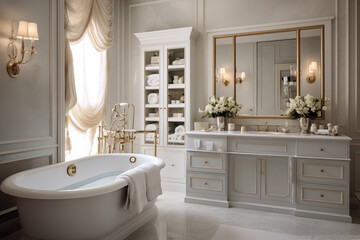 A bathroom in the transitional style that expertly combines parts of the old and new.