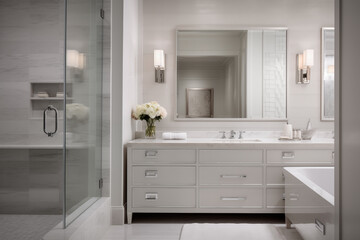 A bathroom in the transitional style that expertly combines parts of the old and new.