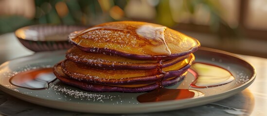 Satisfy Your Cravings with Stacked Ube Pancakes A Delectable Fusion of Filipino Cuisine and Western - obrazy, fototapety, plakaty
