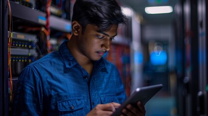 Tablet, man, and reading in technician programming server room at night. Engineer in data center, cybersecurity network, or system admin coding software research