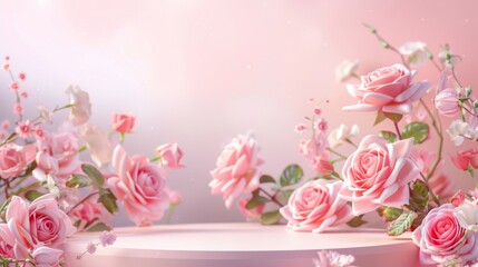 Elegant Floral Podium: Pink Rose Product Showcase in 3D Spring Setting