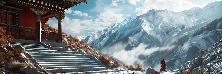 Reality of Tibetan Buddhism A Monk in Peaceful Daylight Meditation at a Secluded Himalayan Monastery