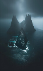 A dark island with three large rock spires rising from the ocean