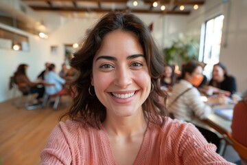 Businesswoman, team selfie, startup photo, office growth smile or satisfaction. Leader, profile photo, and open to teamwork, collaboration, and vision development