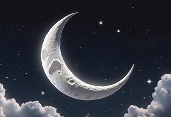 Obraz na płótnie Canvas White Crescent Moon With Stars in the Sky for Eid al-Fitr Background