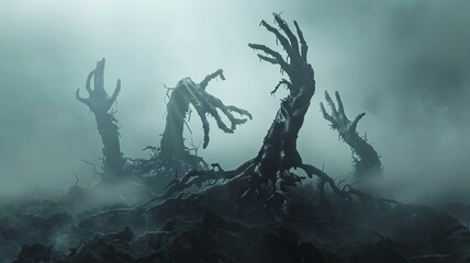 Twisted Gnarled Roots and Skeletal Hands Emerging from Ominous Fog Haunting Fantasy Landscape