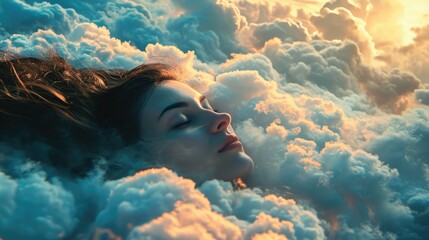 The close up picture of the caucasian female human that laying down for sleeping on the sea of the cloudscape that act like pillow that look fluffy and soft at the bright sky of the daytime. AIGX03. - Powered by Adobe