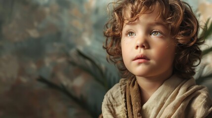  Divine Gaze: Portrait of a Beautiful Young Biblical Child with Upturned Eyes and Space for Reflection