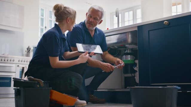 Mature male plumber with female trainee using digital tablet fixing waste disposal unit in kitchen sink - shot in slow motion