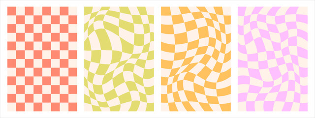 Groovy psychedelic checkerboard vector backgrounds set. Retro 70s abstract wavy checkered prints