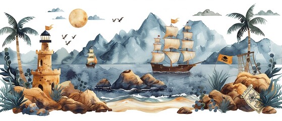 Fototapeta premium Pirate Cove A swashbuckling pirate adventure with treasure maps