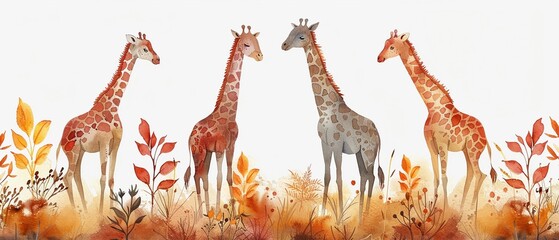 Safari animals such as  giraffes  watercolor storybook illustration