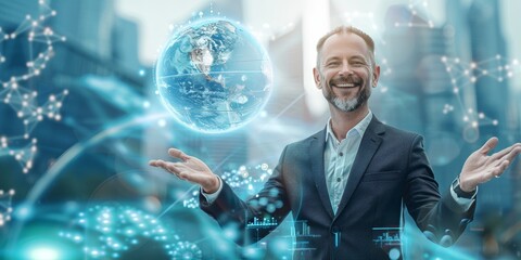 World, and a businessman analyzing global data with ux. Metaverse, AI, or hologram of a guy employee examining an IT virtual reality database.