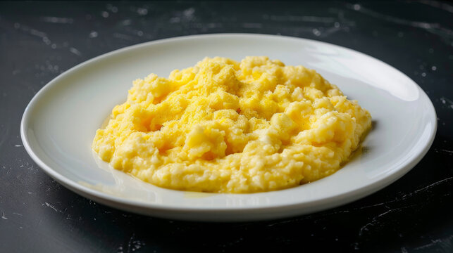 Authentic georgian cornmeal dish, ghomi, served on a white plate against a dark backdrop, capturing the simplicity of caucasus cuisine