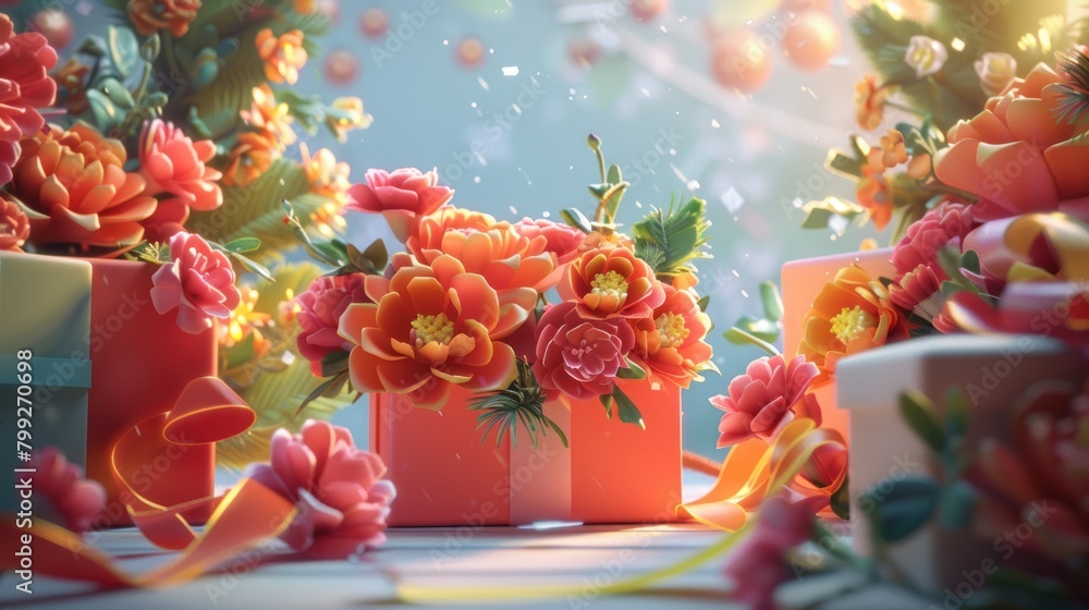 Poster a bouquet of flowers is displayed in front of a box with a ribbon on it. the flowers are orange and 