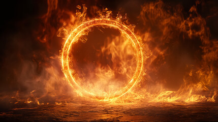 Flaming fire ring frame with smoke on dark background