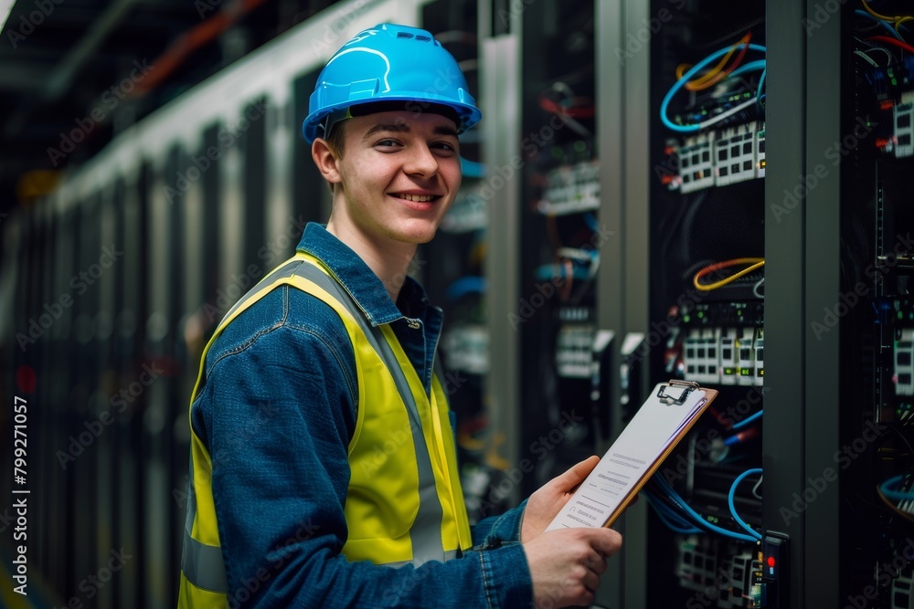 Poster engineering, picture, and server room man with tablet for network maintenance, code, or wires. happy