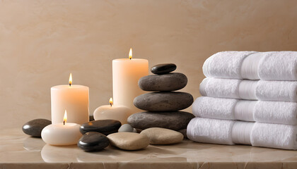 Fototapeta na wymiar Relaxing spa with candles and towels