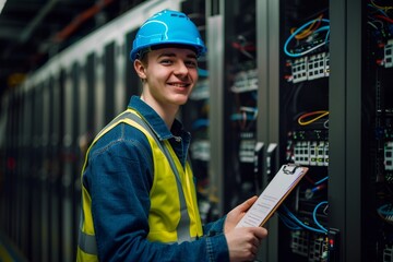 Engineering, picture, and server room man with tablet for network maintenance, code, or wires. Happy data center IT technician with digital technologies for database backup