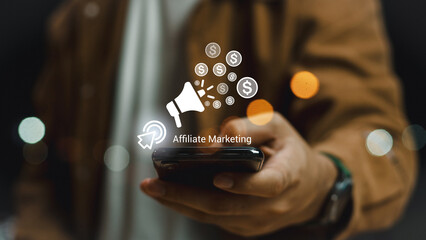 Affiliate marketing, online business model concept. Creating relationships strategy between...