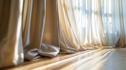 Close-up perspective on luxurious living room curtains, emphasizing their elegant flow and the serene atmosphere they create