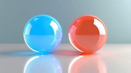 Two glossy spheres sit side-by-side on a reflective surface.